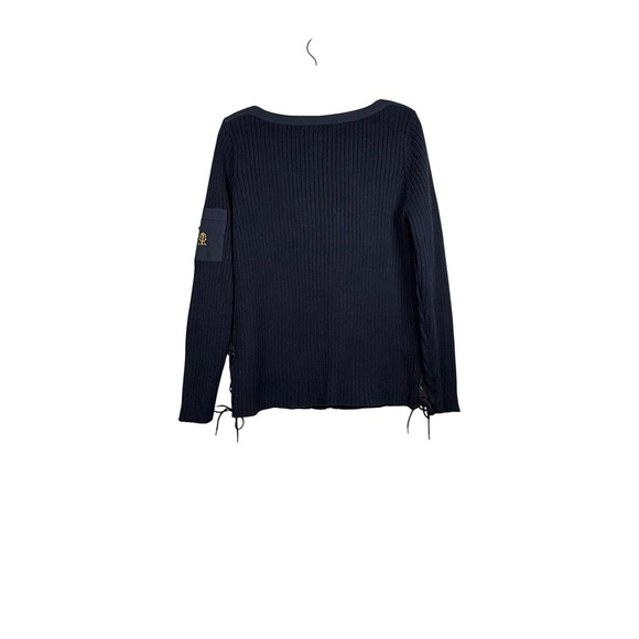 Lauren Ralph Lauren Navy Ribbed Boat Neck Sweater Anchor, Side Ties, Size 1X - Picture 2 of 9